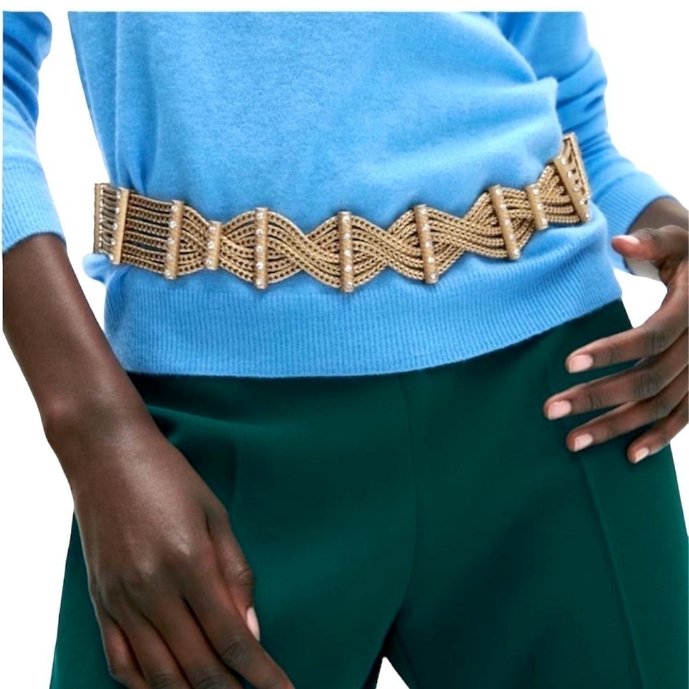 ZARA NWT Chunky Gold Statement Chain Belt Rhinestone Geometric Link OS